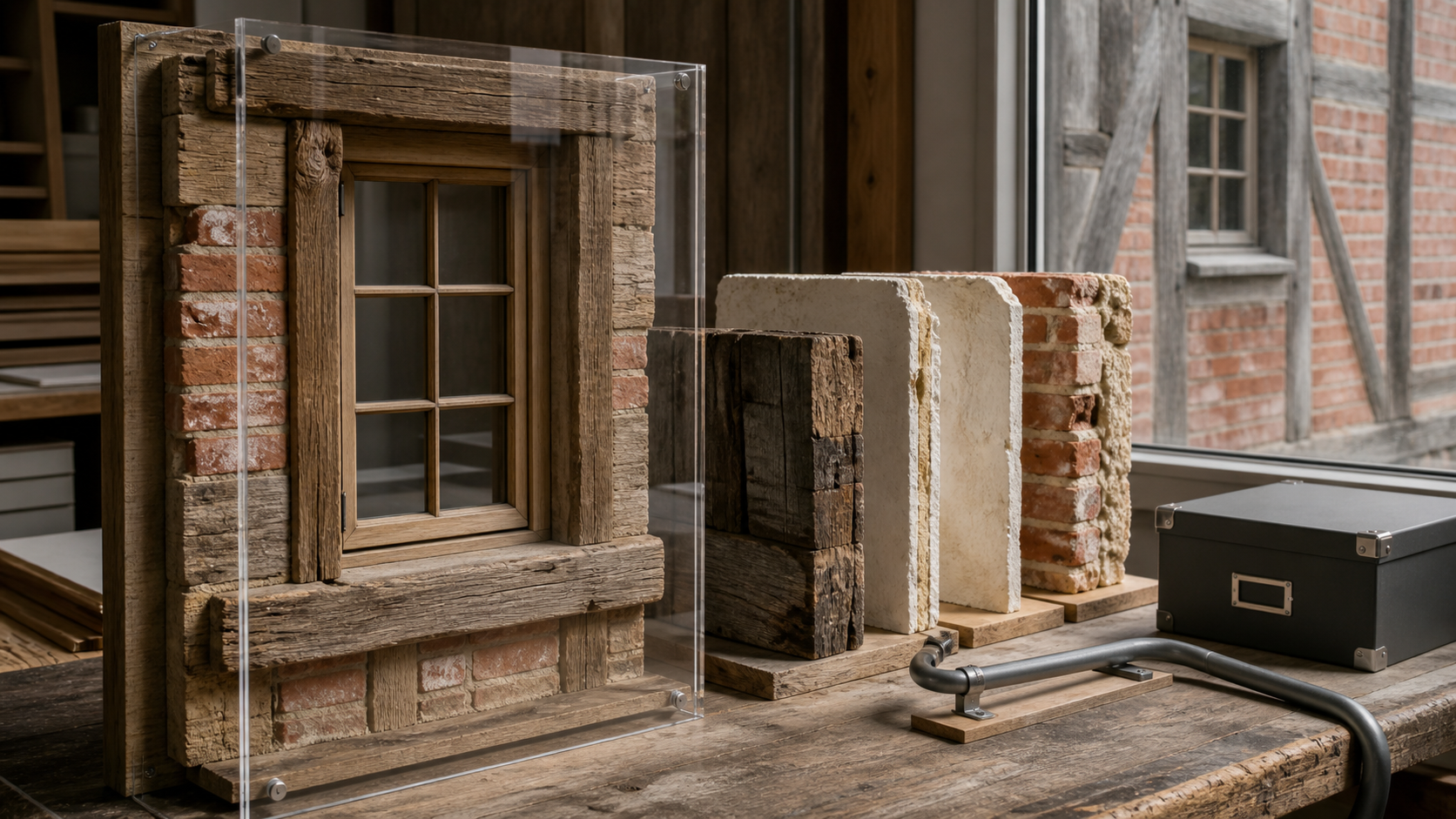 Geschütztes historisches Fensterdetail mit Holz, Kalkputz, Ziegel und behutsam geführter Haustechnik
