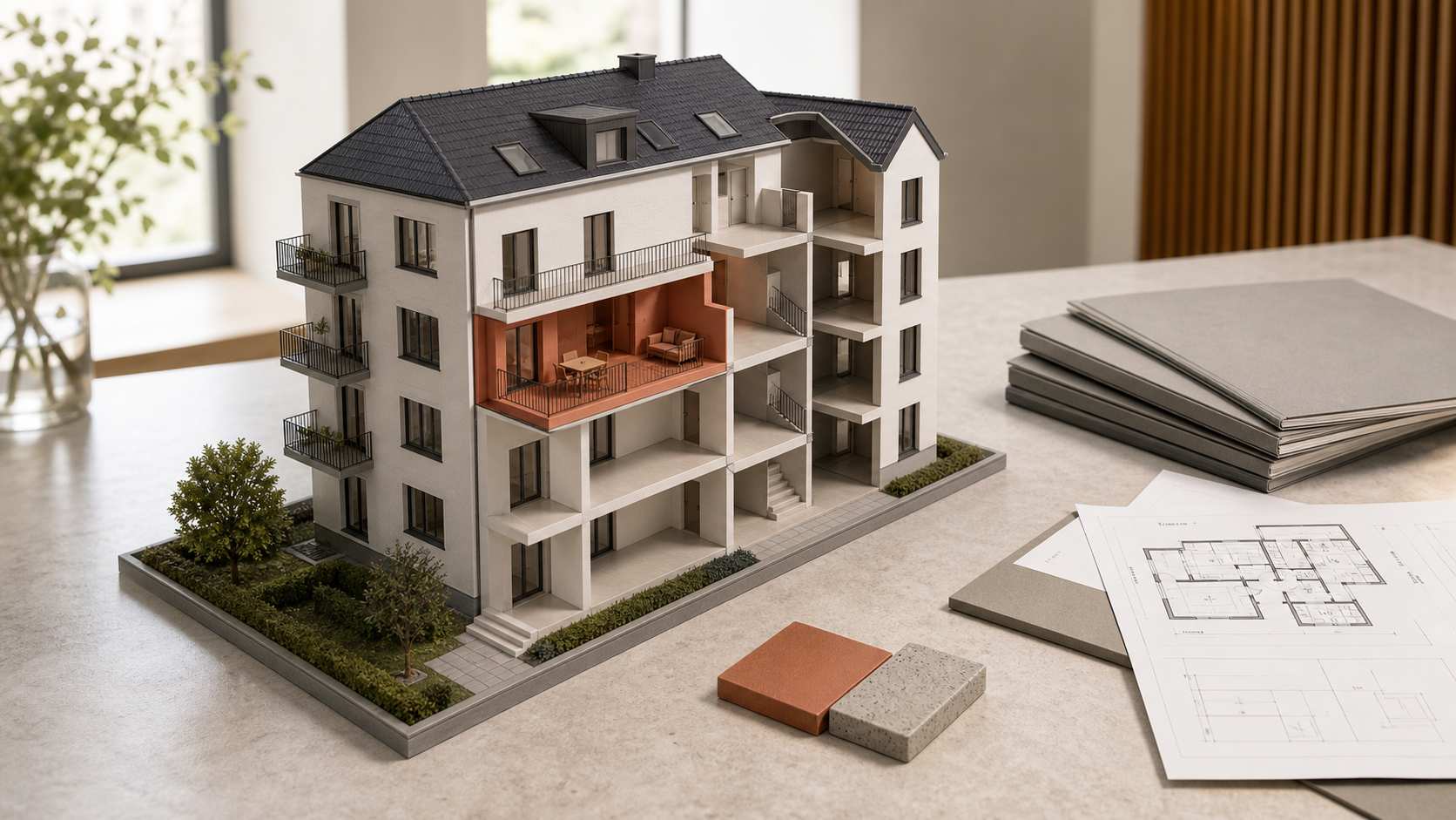 Gebäudemodell mit hervorgehobener Wohnung und geordneten Unterlagen der Eigentümergemeinschaft