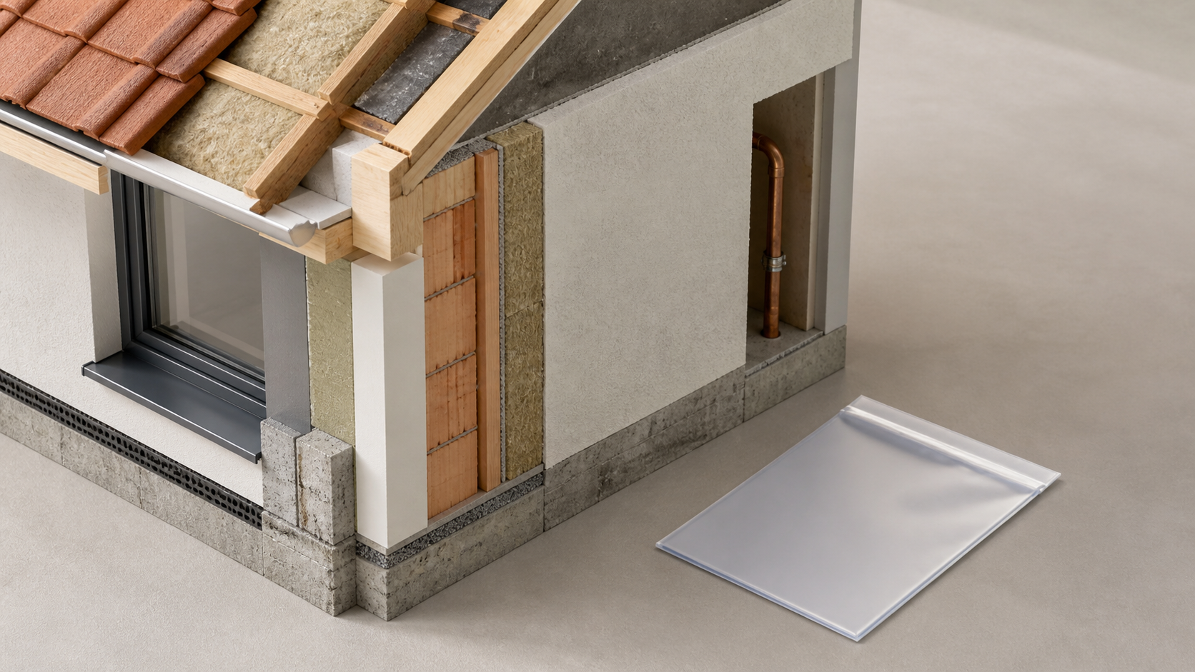 Bauteilschnitt mit Dach, Fenster, Wandaufbau und Heizungsleitung neben einer neutralen Dokumenthülle