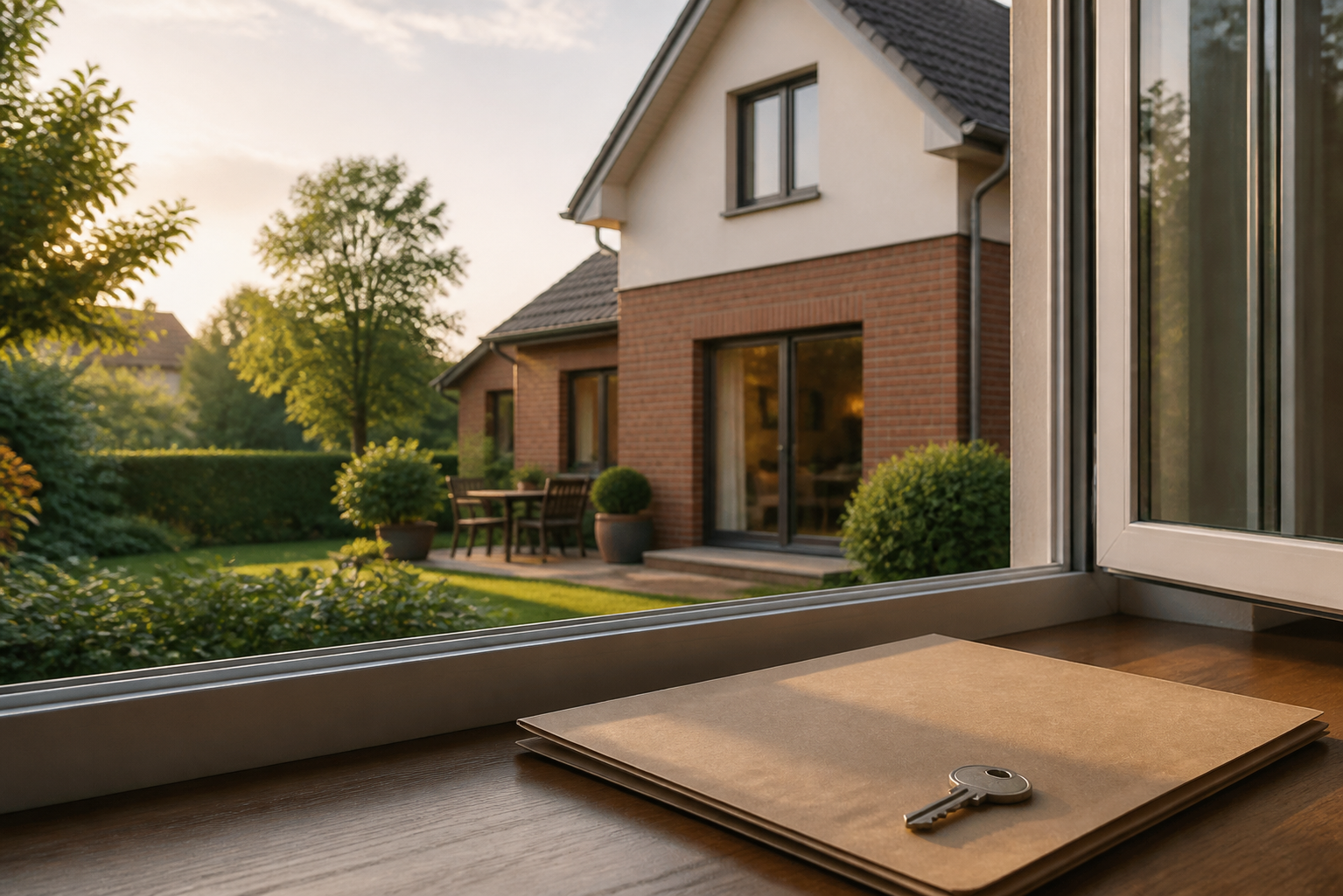 Wohnhaus, Unterlagenmappe und Schlüssel als ruhiges Motiv für eine vorbereitete Eigentümerentscheidung
