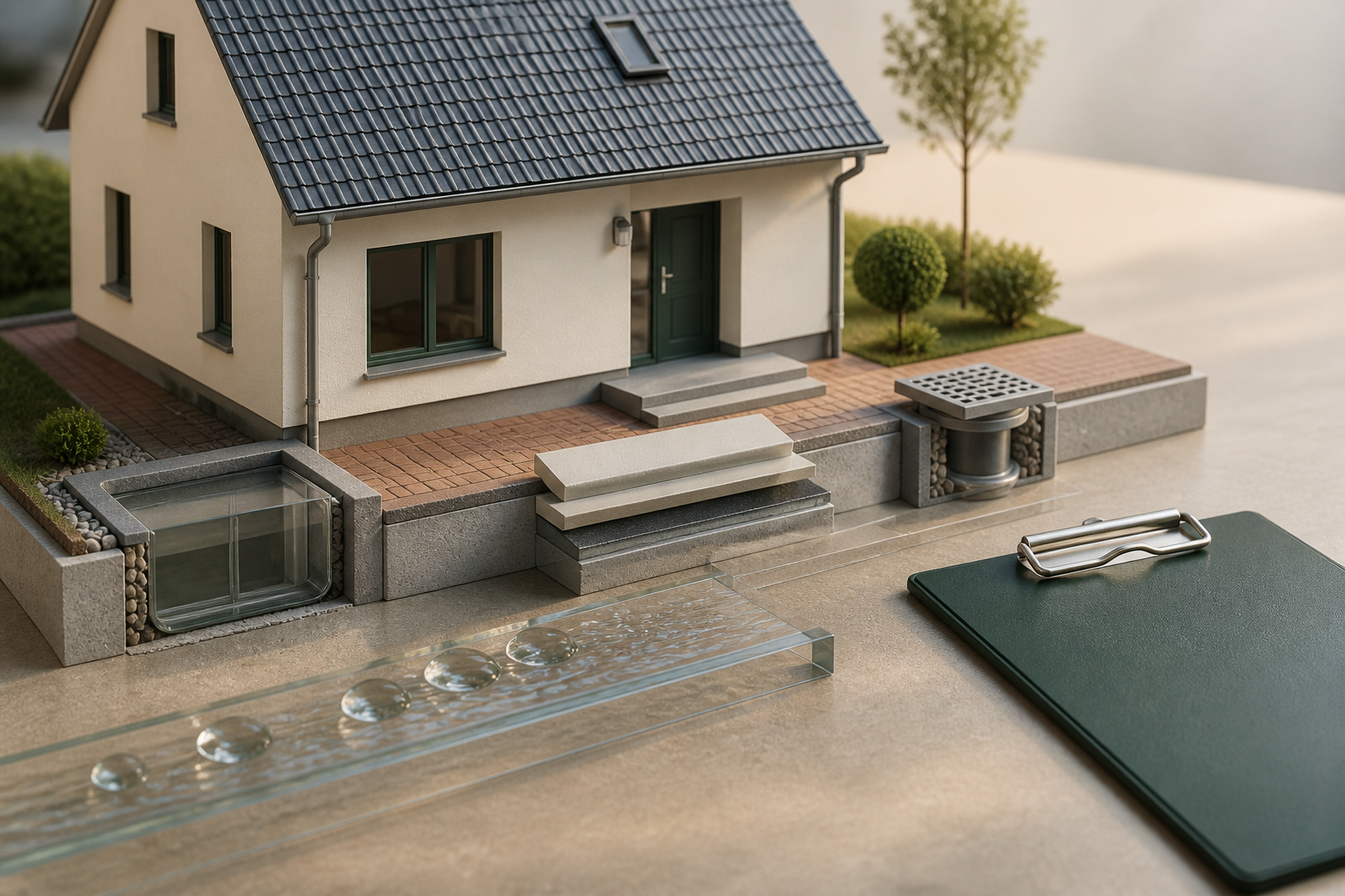 Sachliches Architekturmodell zur Prüfung von Wasserwegen und Schutzmaßnahmen am Haus