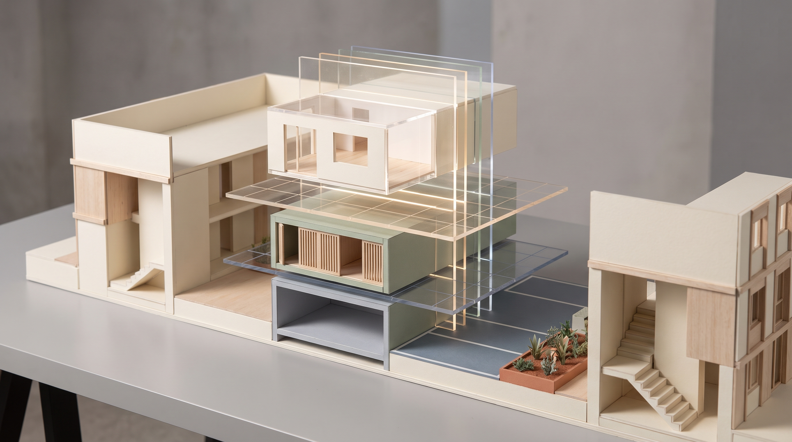 Wohnungsmodell mit ausgerichteten Ebenen für Einheit, Keller, Stellplatz, Garten und gemeinschaftliche Bauteile